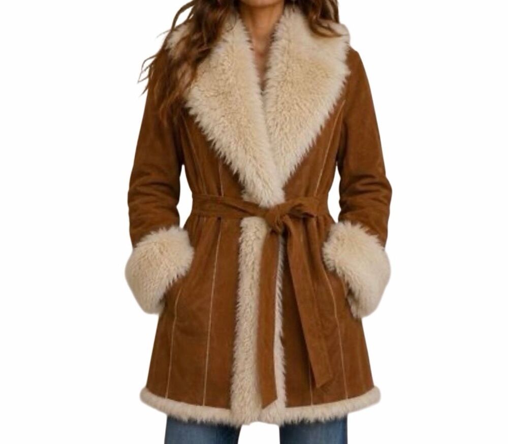 The Pyramid Collection Faux Suede Fur Trim Belted Coat Brown XL/1X NEW